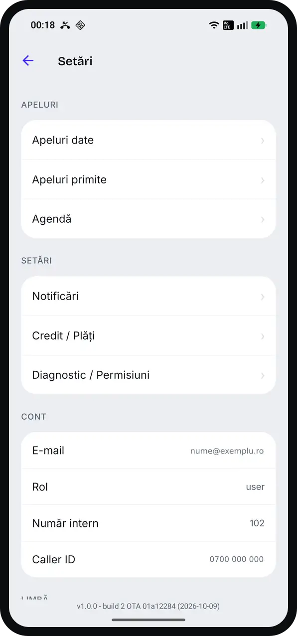 Ecranul real Setări din aplicație, de unde se șterge contul