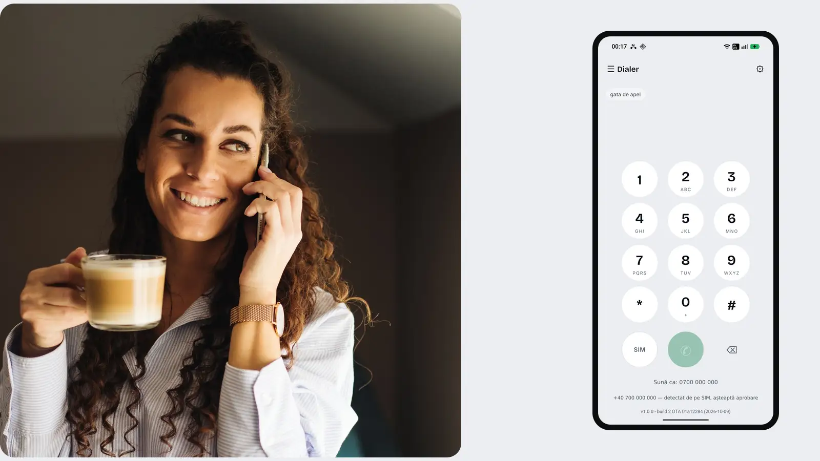 Tânără care vorbește la telefon, lângă ecranul real al aplicației Farse Telefonice cu tastatura de apelare